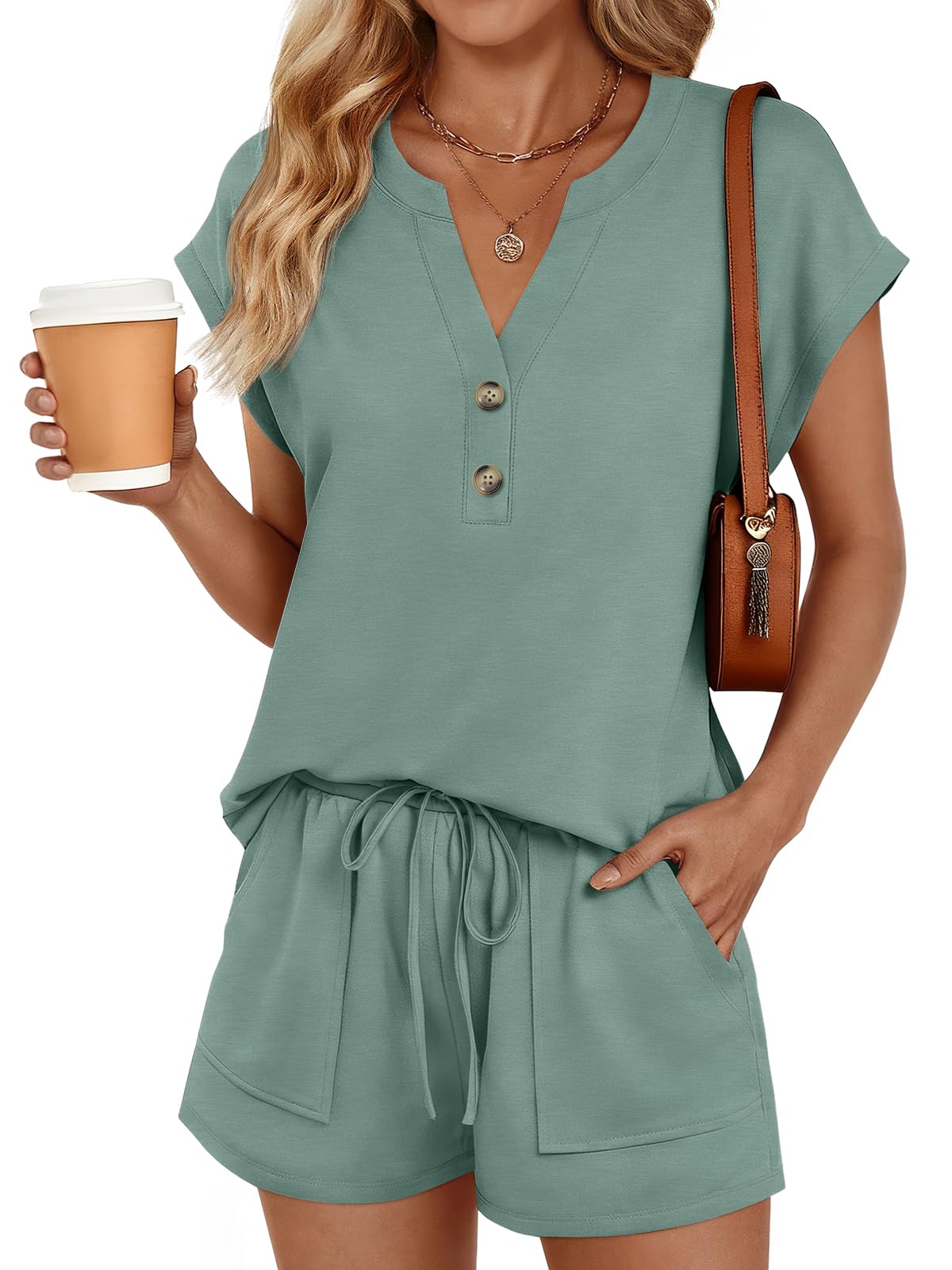 Photo 1 of (broken buttons, small) LILLUSORY Womens 2 Piece Summer Short Sets 2026 Vacation Spring Beach Matching Airport Travel Outfits Lounge Wear Sweat Suits Sage Green S