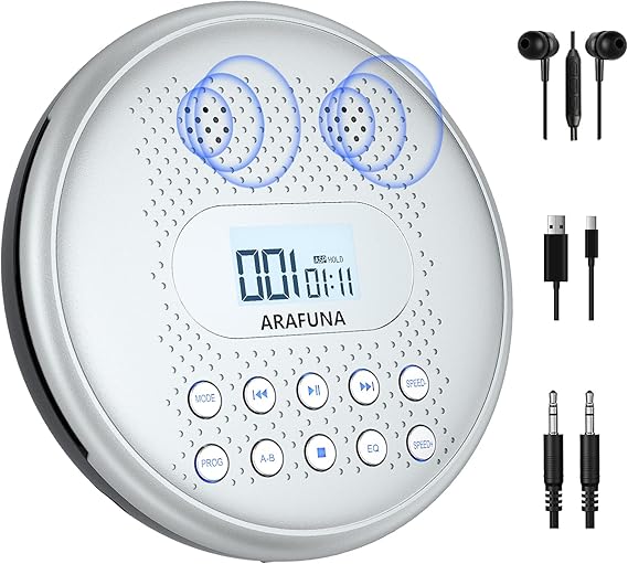 Lecteur CD Portable, ARAFUNA lecteurs CD Portables Rechargeables pour Voiture avec Hautparleurs