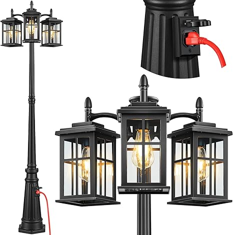 Lamp Posts Outdoor Lighting with Outlet, Dusk to Dawn Outdoor Lamp Post, Black 100% Aluminum Pole Lights Outside, Clean Glass Post Lights Outside for Garden, Yard, Weather Resistant, 3-Head