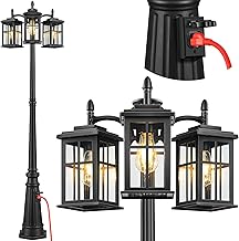 Lamp Posts Outdoor Lighting with Outlet, Dusk to Dawn Outdoor Lamp Post, Black 100% Aluminum Pole Lights Outside, Clean Glass Post Lights Outside for Garden, Yard, Weather Resistant, 3-Head