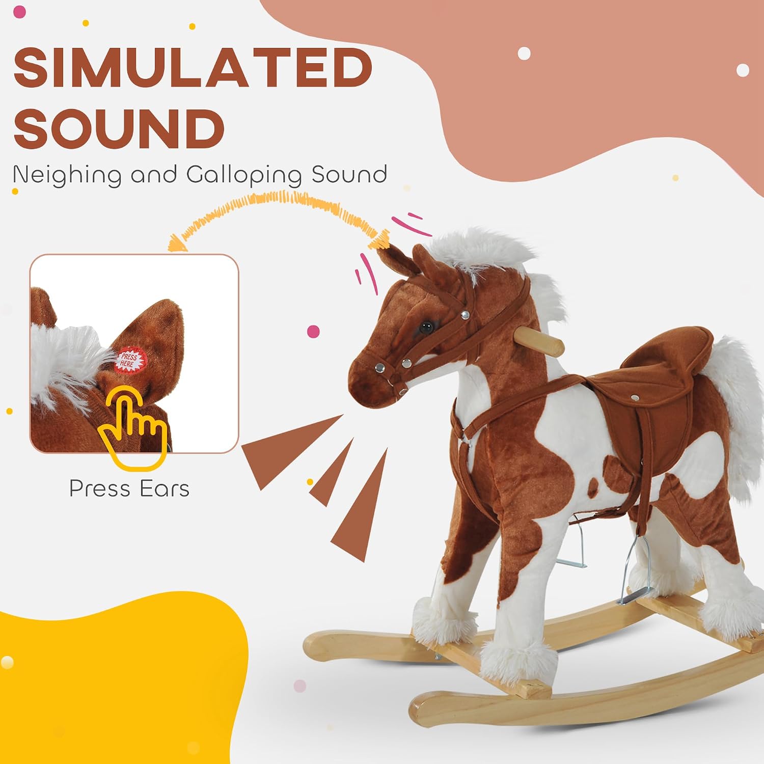 Classic Wooden Rocking Horse Toy with Plush Body, Realistic Sound Effects, Smooth Rocking Motion and Handcrafted Details