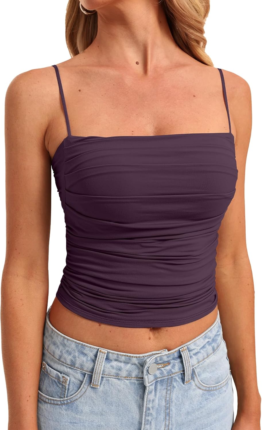 Darong Women Padded Double Lined Ruched Tank Tops Bulit in Bra Summer Spaghetti Strap Going Out Crop Tank Shirts