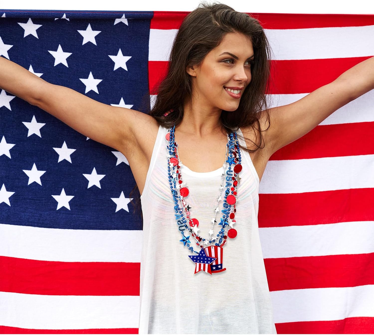 Landical 100 Pcs 4th of July Bead Necklaces Red Blue Silver Assorted Patriotic Star Bead Necklaces with USA Independence Day Party Favors for 250th Anniversary Celebration Decorations