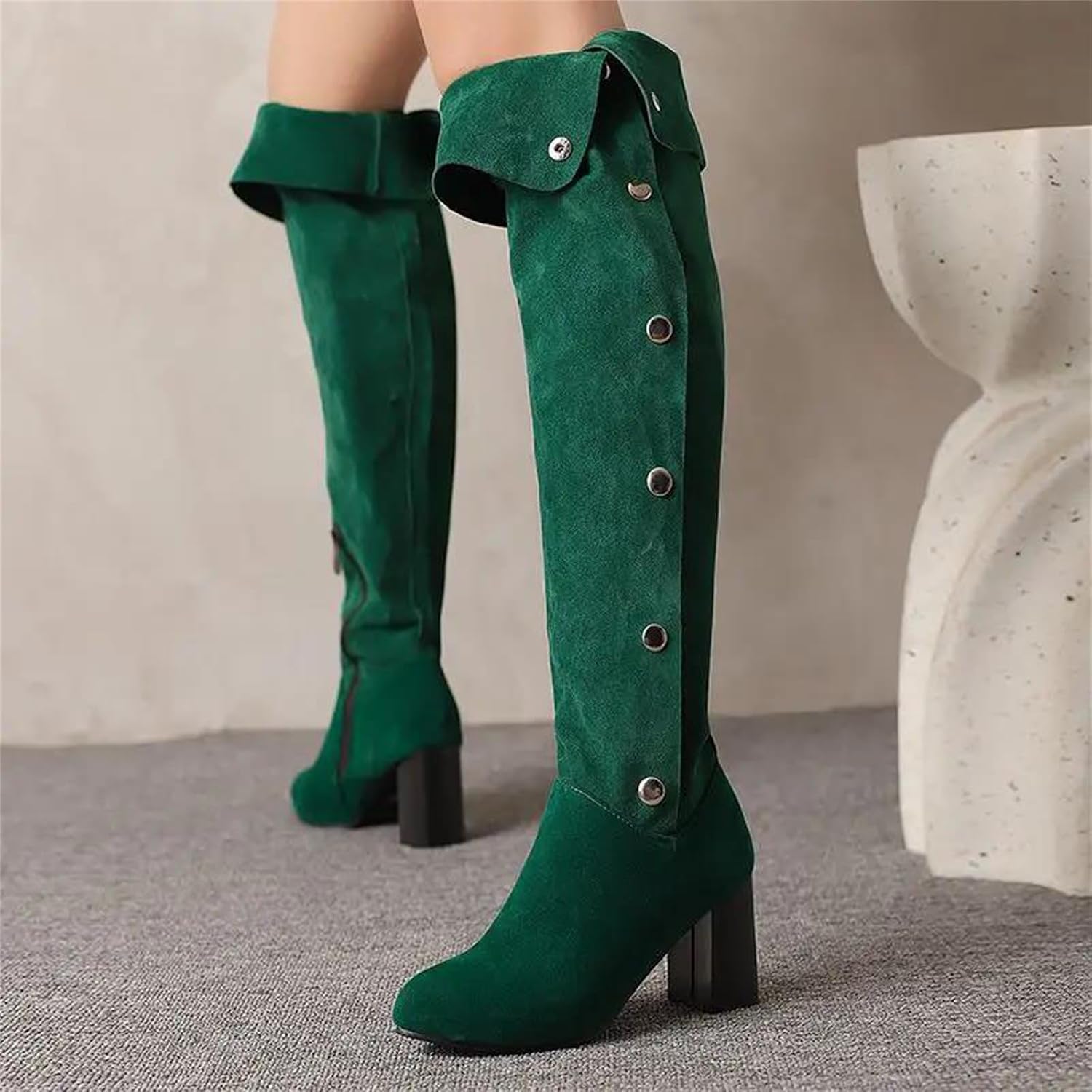 Women's Over-The-Knee Boots Modern Thigh High Party Style with Round Toe High Block Heel Platform and Edgy Rivet Details