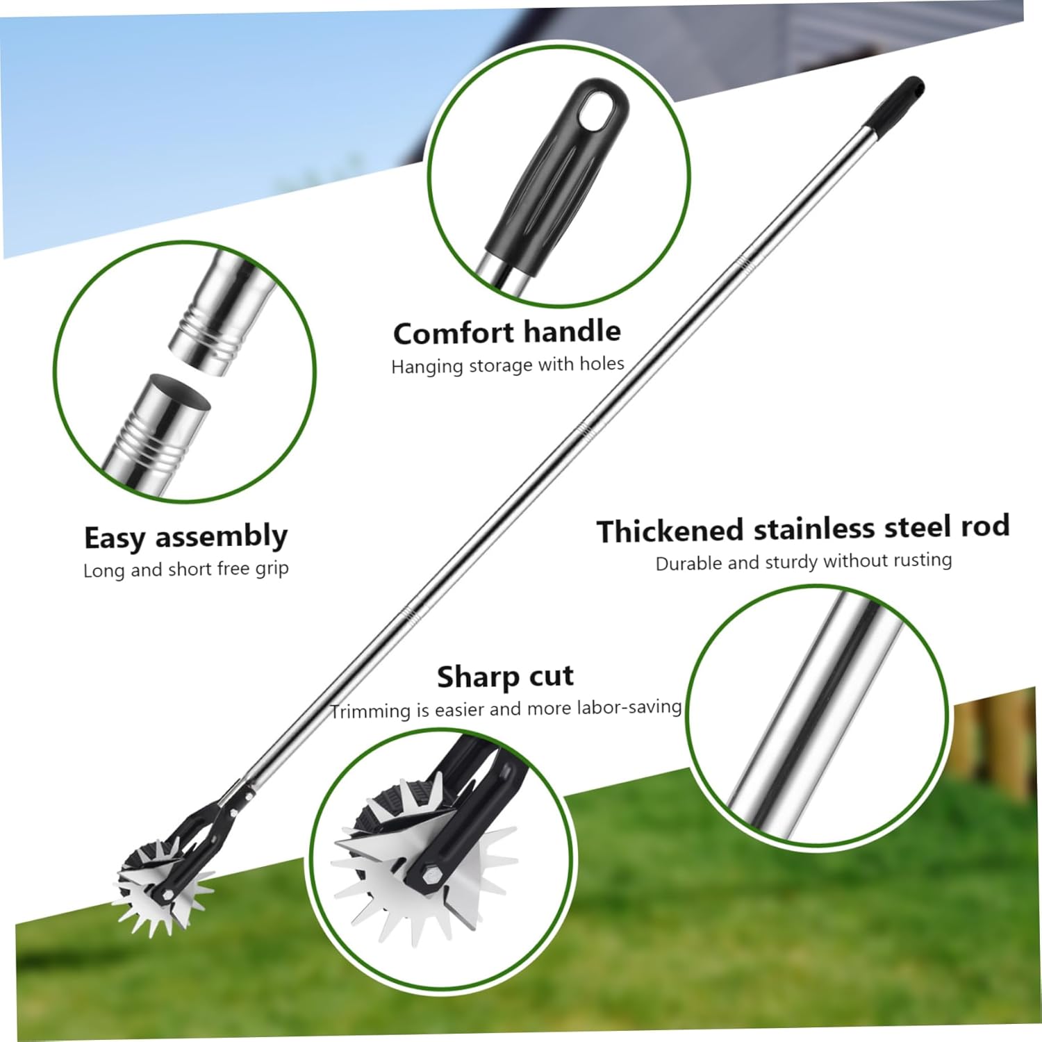 Manual Lawn Edger, Edger Lawn Tool, 53.2 inch Manual with 3 Sections Stainless Steel Handle, Rotary Grass Tool with Wheel for Landscaping Sidewalk Yard, Grass