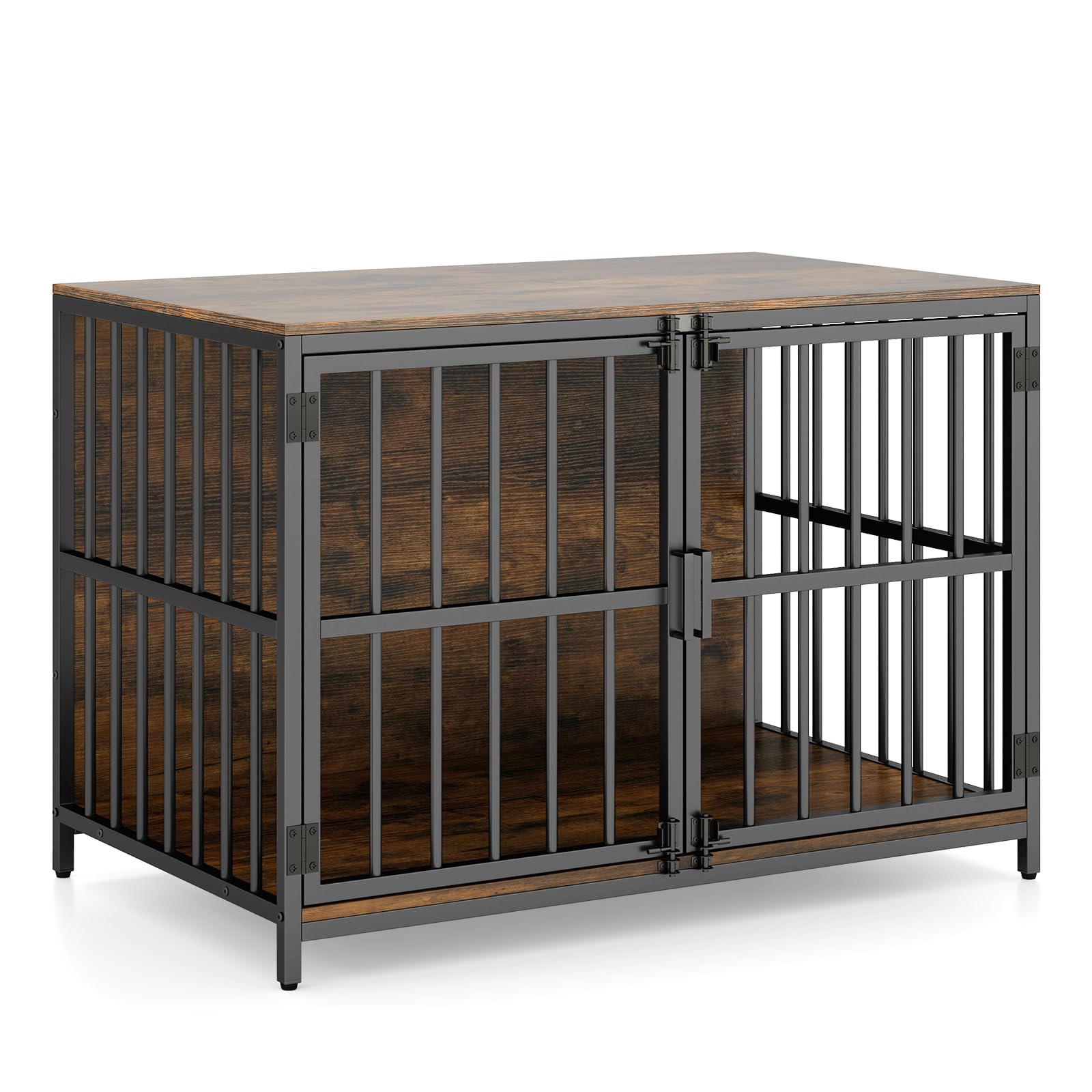 GYMAX Dog Crate Furniture, Heavy Duty Dog Kennel with Dual Lockable Double Doors, Indoor Pet Kennel Side Table for Small and Medium Sized Dog, 100 x 60 x 70 cm (Rustic Brown)