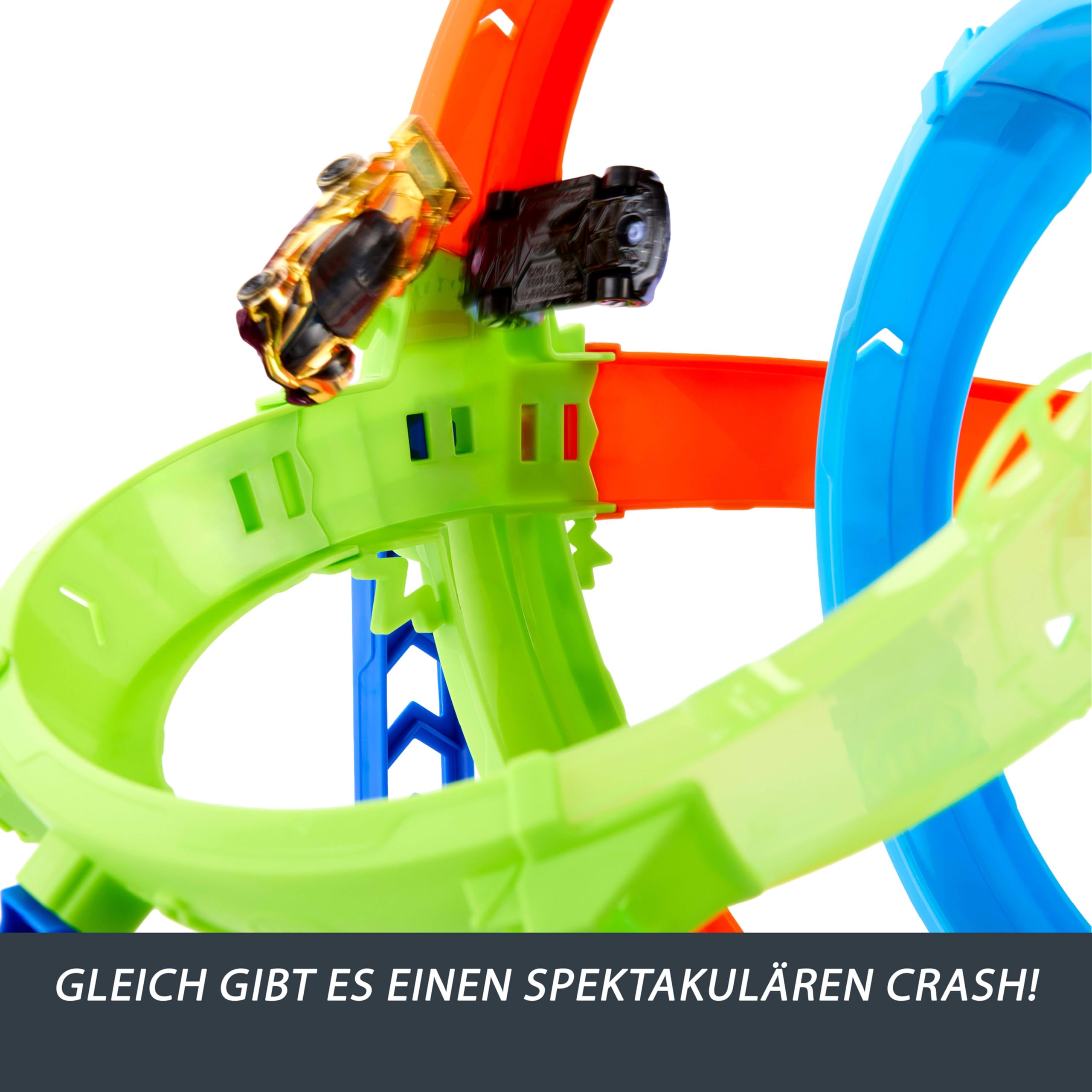 Hot Wheels Stunt Tracks Rapid Cyclone Spielset und 1:64 Auto | Strecken-Set mit 2 Loopings und 2 Crashzonen, inkl. 1 Druckguss-Fahrzeug, Speed Snap Track kompatibel, JHK73