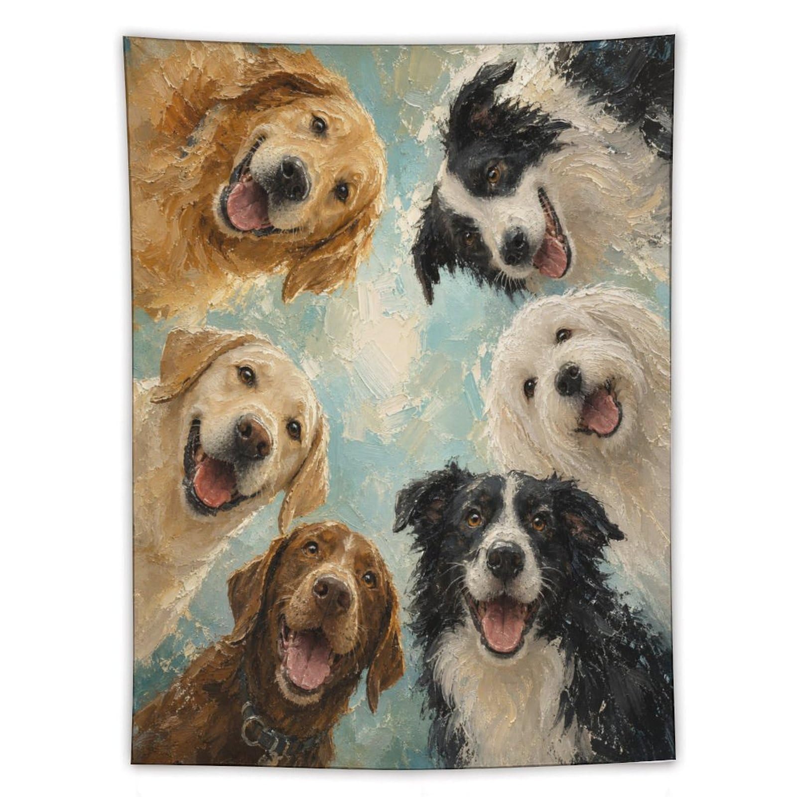 W7C8U2X3 Happy Dog Group Portrait Wall Tapestry, Realistic Illustration