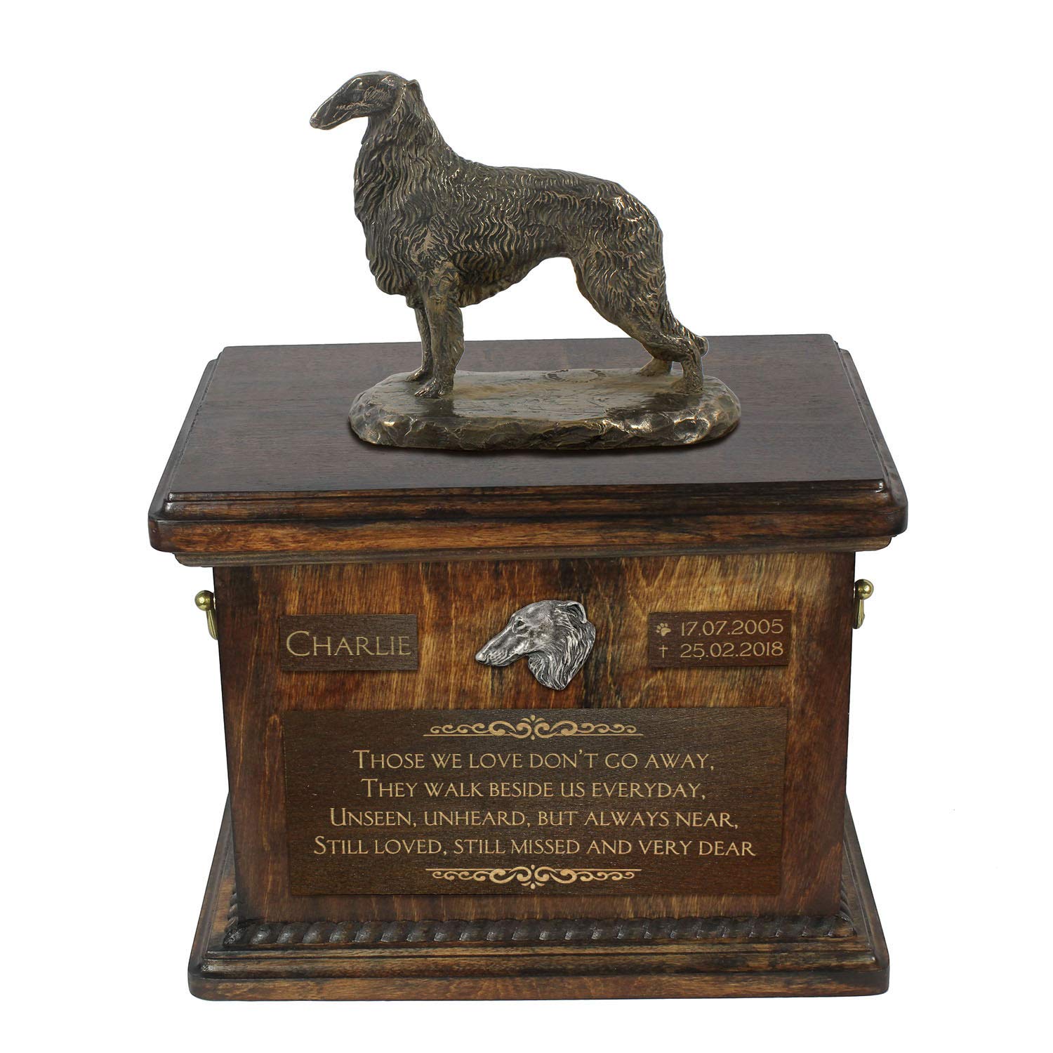 Urne pour chien assis Barzoï memorial bois bouleau salon