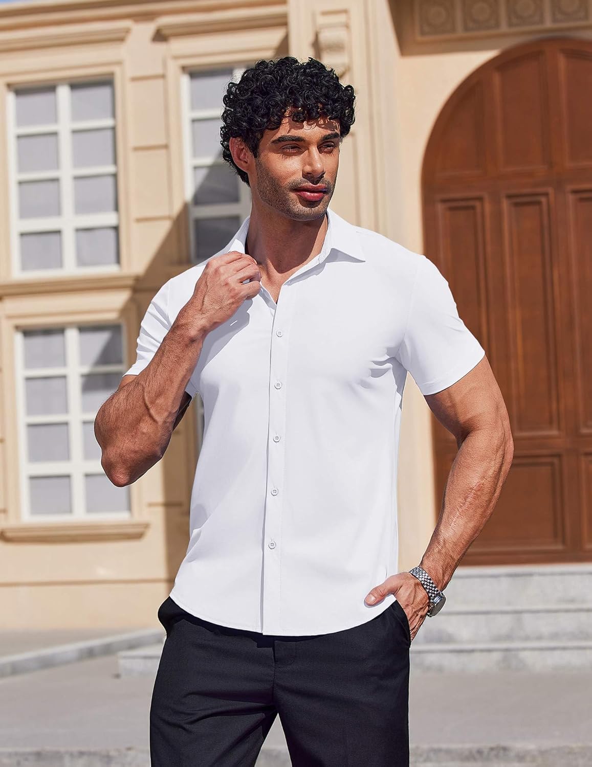 COOFANDY Mens Muscle Fit Dress Shirts Stretch Wrinkle Free Short Sleeve Button Down Shirt Casual Solid Untucked Shirt - Image 3