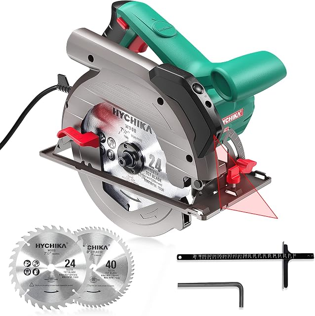 Circular Saw, 1500W HYCHIKA Electric Saw with Speed 4700RPM, Laser Guide, 24T/40T Blades(190mm), Max Cutting Depth: 90°: 65mm/45°: 45mm, Safety Switch, Pure Copper Motor, Dust Extraction
