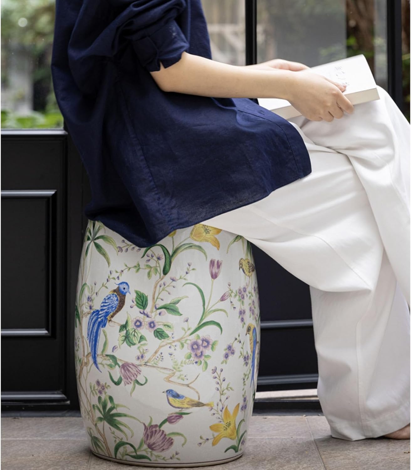 Decorative Drum Stool with Flowers & Butterflies - Glazed Ceramic Decorative Stool Bohemian Garden Seat for Patio and Living Room