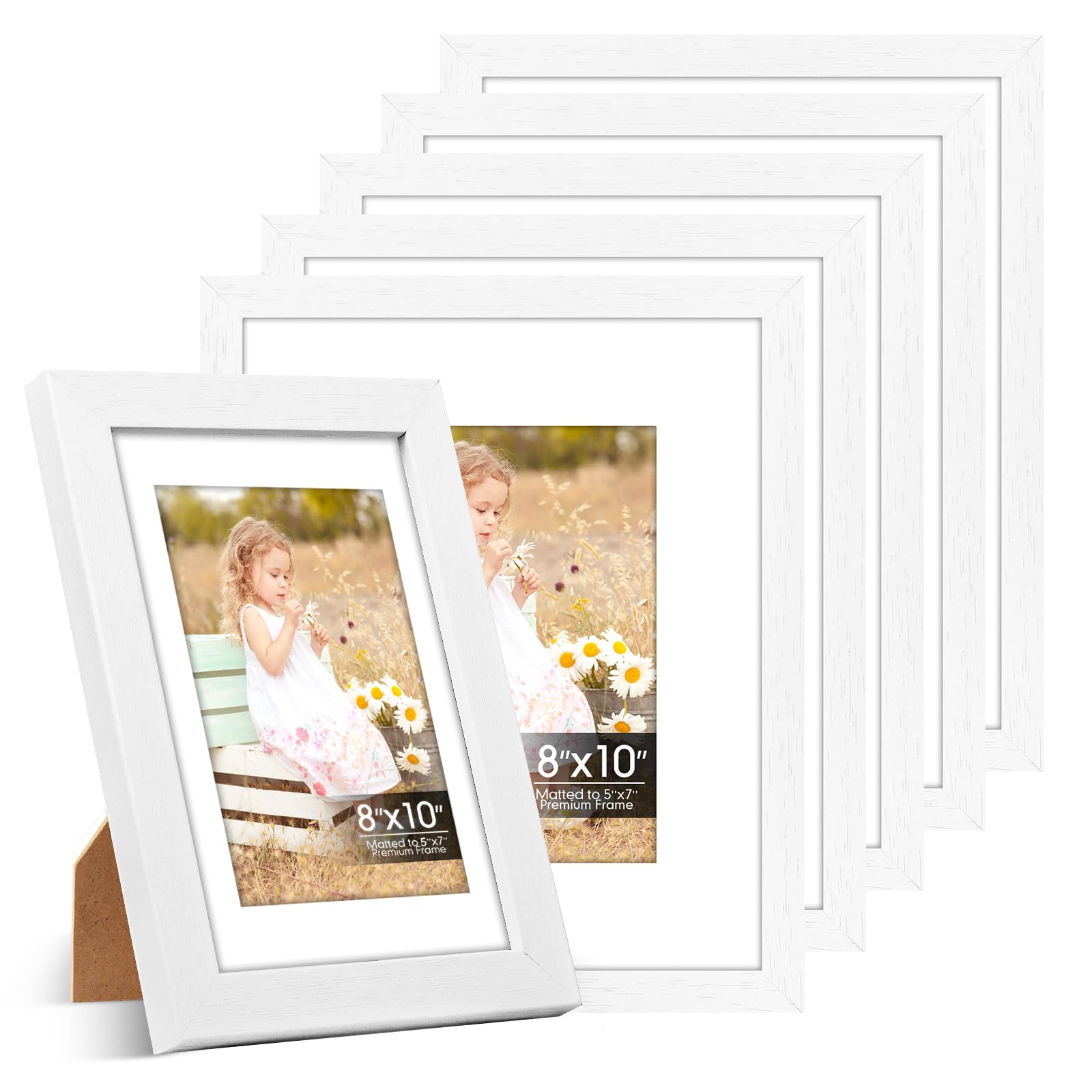 6 Pack 8x10 Frames, Mat for 5x7 Photos, Shatter HD Plexiglass | Removable mat fits two photo sizes, slim frame with stand for horizontal &amp; vertical tabletop &amp; wall mount