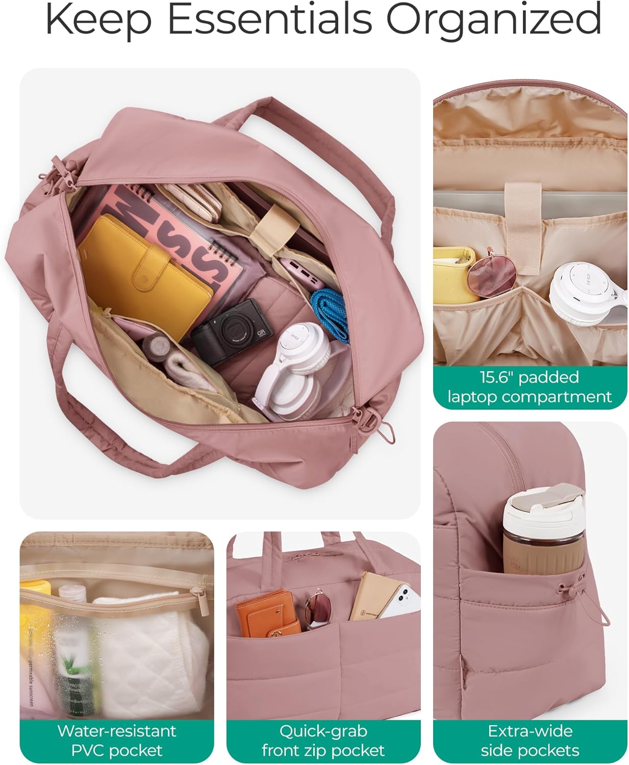BAGSMART Gym Bag for Women with Toiletry Pouch, Lightweight Weekender Bags for Women with Wet Pocket, 31L Travel Duffle Carry On Bag, Weekender Overnight Bag for Travel,Water Resistant,Dark Pink - Image 3