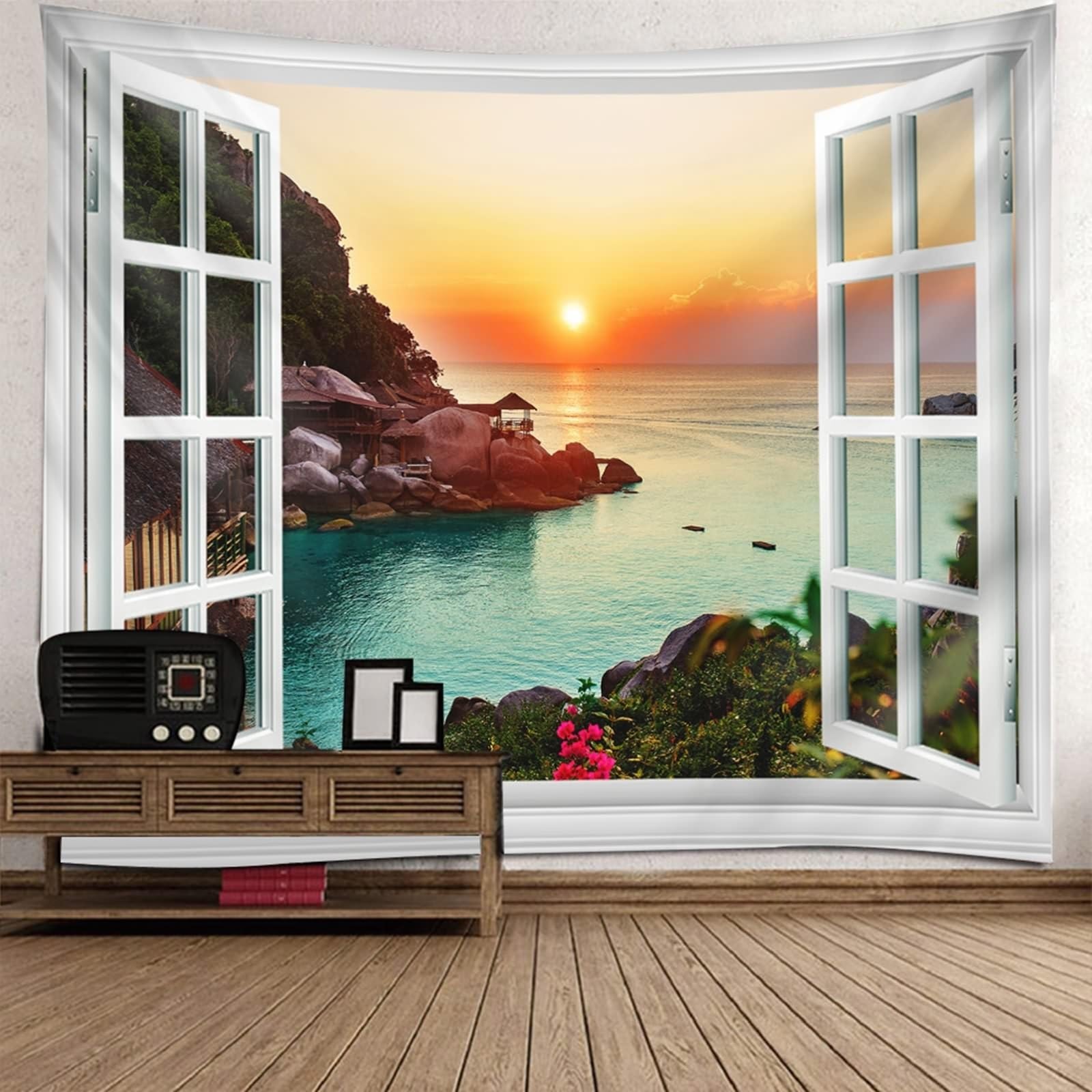 Tapiz de pared Papel pintado verde liso tapiz de pared Ocean Orange Puesta de sol en la playa de la ventana de la playa 200 x 200 cm (Ancho x Alto)