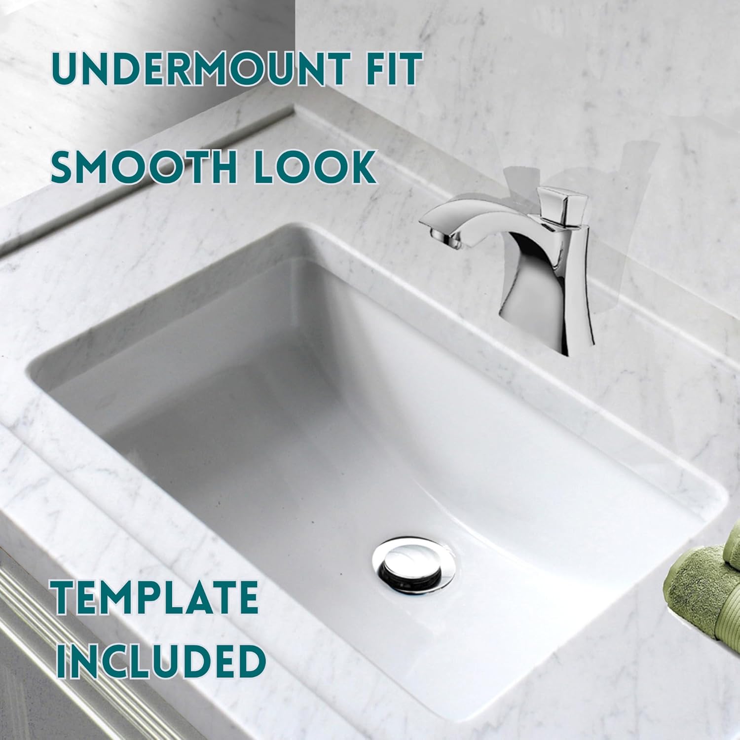 Undermount Bathroom Sink – 18"x12 White Rectangular Single Bowl Sink with Overflow, for Vanity – Porcelain Enamel Glaze Ceramic, Scoop Bottom, Template Included HP-1812W