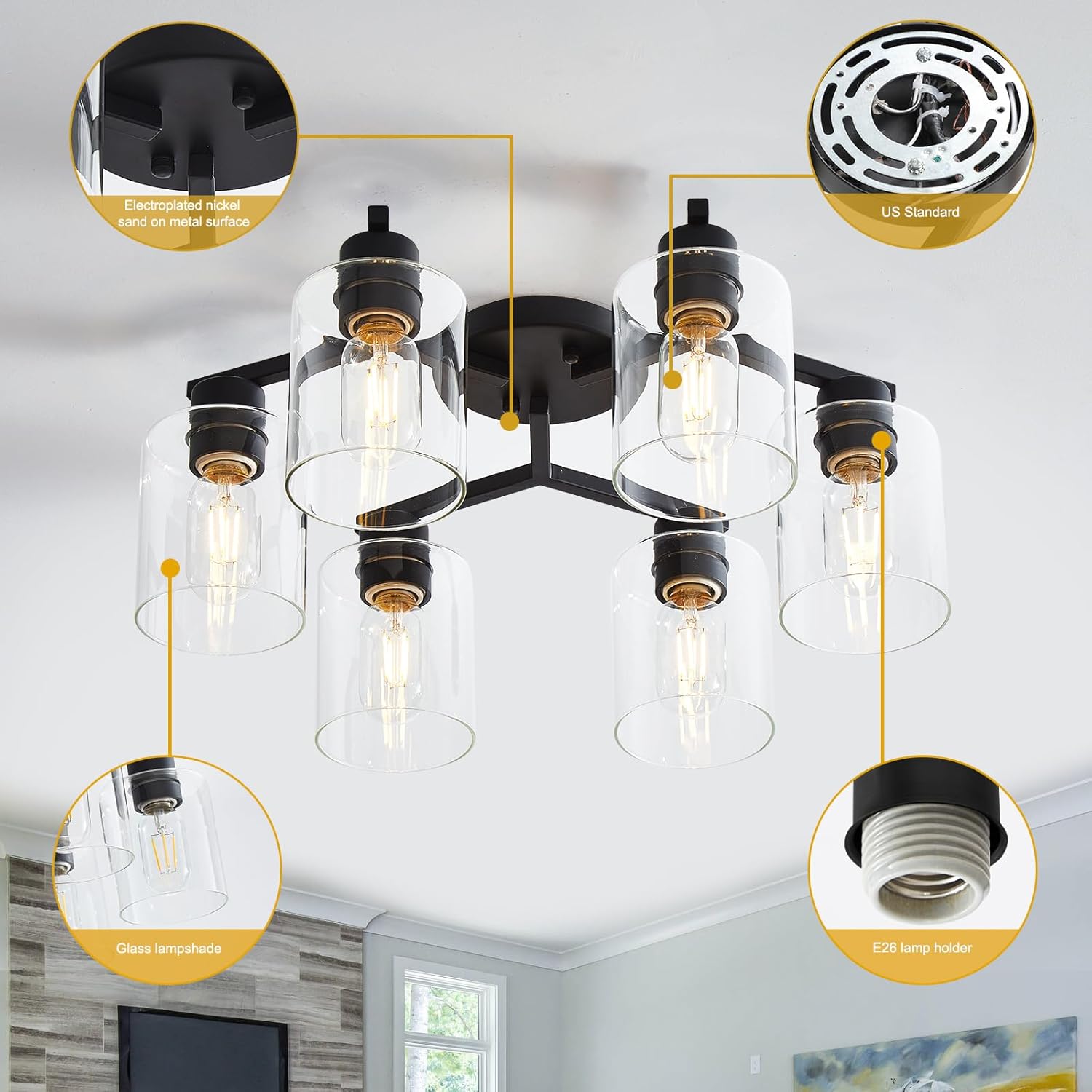 6 Light Semi Flush Mount Ceiling Light Black Kitchen Lighting Fixtures Ceiling Industrial Large Cieling Light Fixtures, with Clear Glass Shade for Dining Room Living Room Kitchen Island Farmhouse