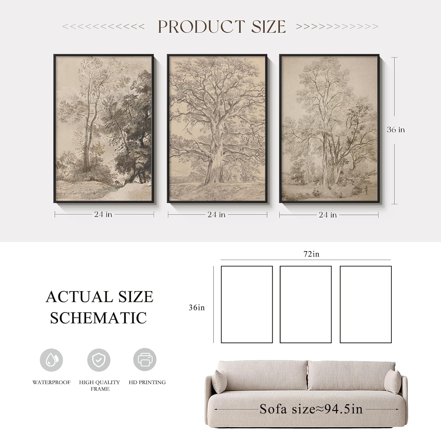 ARPEOTCY 3 Pcs Oversized Framed Canvas Wall Art, Large Vintage Wall Art for Living Room Bedroom Office, 24x36inch Sketch Forest Landscape Home Decor, Retro Rustic Farmhouse Painting