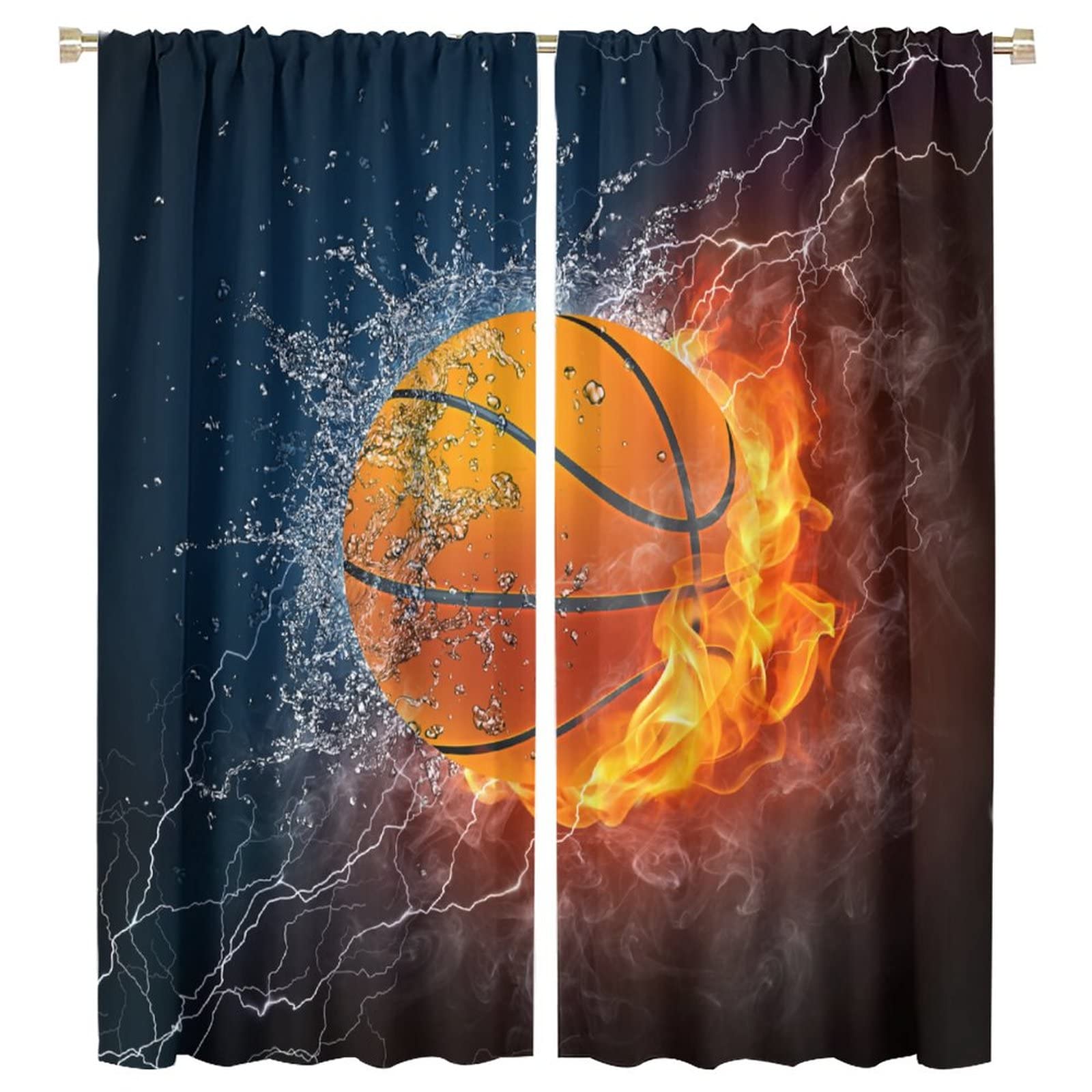 JESTRONRY Boys Basketball Curtains,Kids Sports Theme Fire Ball Water Flame Splashing Room Darkening Door Window Rod Pocket Curtain for Living Room Teen Men Bedroom Decor W55xL63in