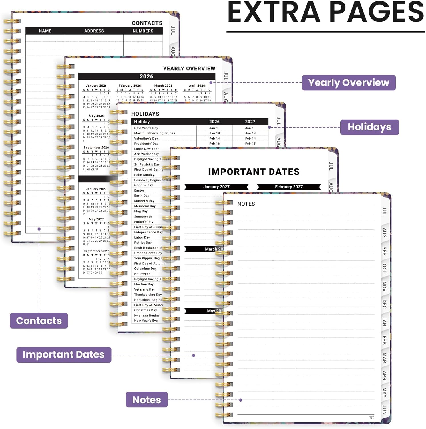 Planner 2026-2027, Monthly and Weekly Academic Planner July 2026 - June 2027, Hardcover Student Teacher Planning Agenda Calendar Book with Tabs, Perfect for Office School Supplies, A4 (8.5" x 11") - Lavendar Floral