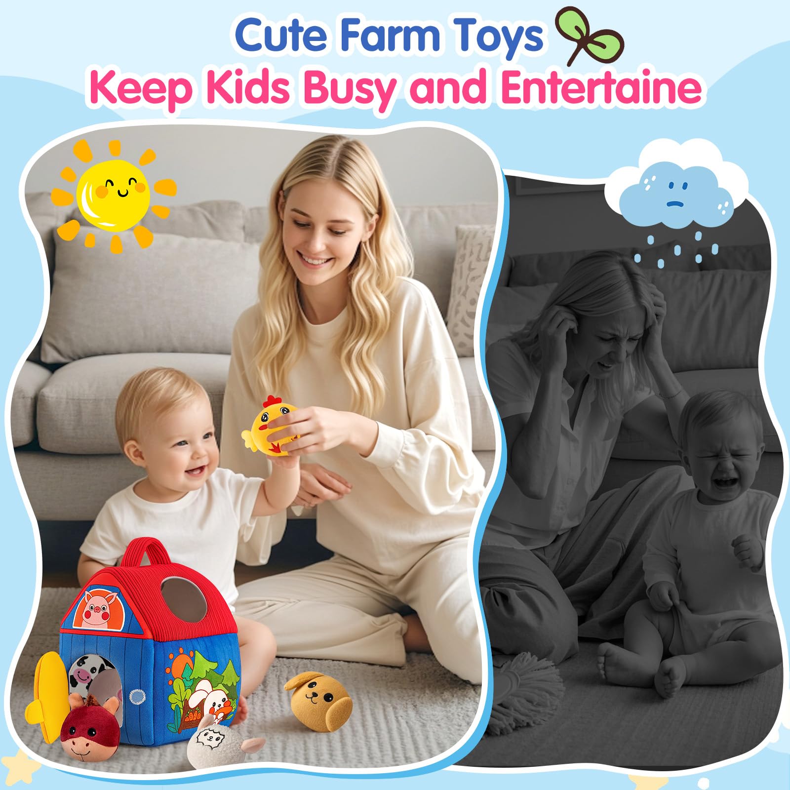 SAIMAND Baby Toys 6-12 Months, Surprise Barn with Plush Farm Animals, Rattle, Crinkle Paper & Mirror - Image 4