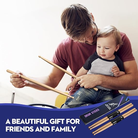 Drum Sticks 5A 2 Pairs, Premium Hickory Wood Drumsticks,Drum Sticks for Electric Drums, for Kids, Beginners and Adults, with Beautiful Pack