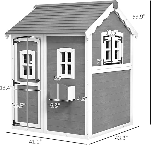 Miniatura 7 de Outsunny Casa de juegos para niños, casa de juegos de madera al aire libre con piso, puerta, ventanas y jardinera para niños de 3 a 8 años, patio