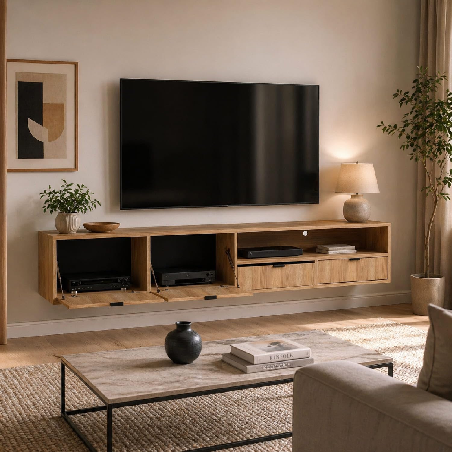 Arreditaly Mobile Porta TV Sospeso Moderno Con 2 Ante A Ribalta 2 Cassetti E Vano A Giorno Con Passacavo Per Soggiorno Salotto Zona Living Design Minimal Contemporaneo 200 X 55 X 40 Cm Rovere