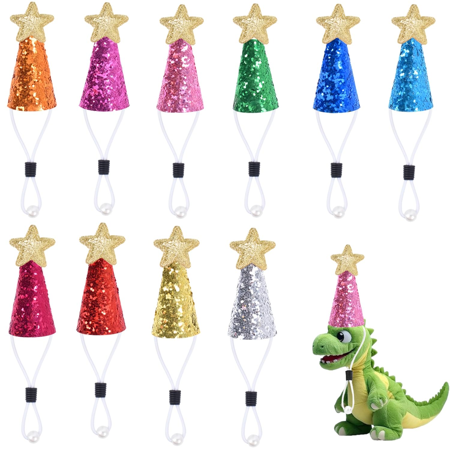 10 Pcs Mini Party Hats for Stuffed Animal, Figures Toys Tiny Hats with Adjustable Strap for Crafts Doll Decorations Birthday Party Hat for Toys Pet