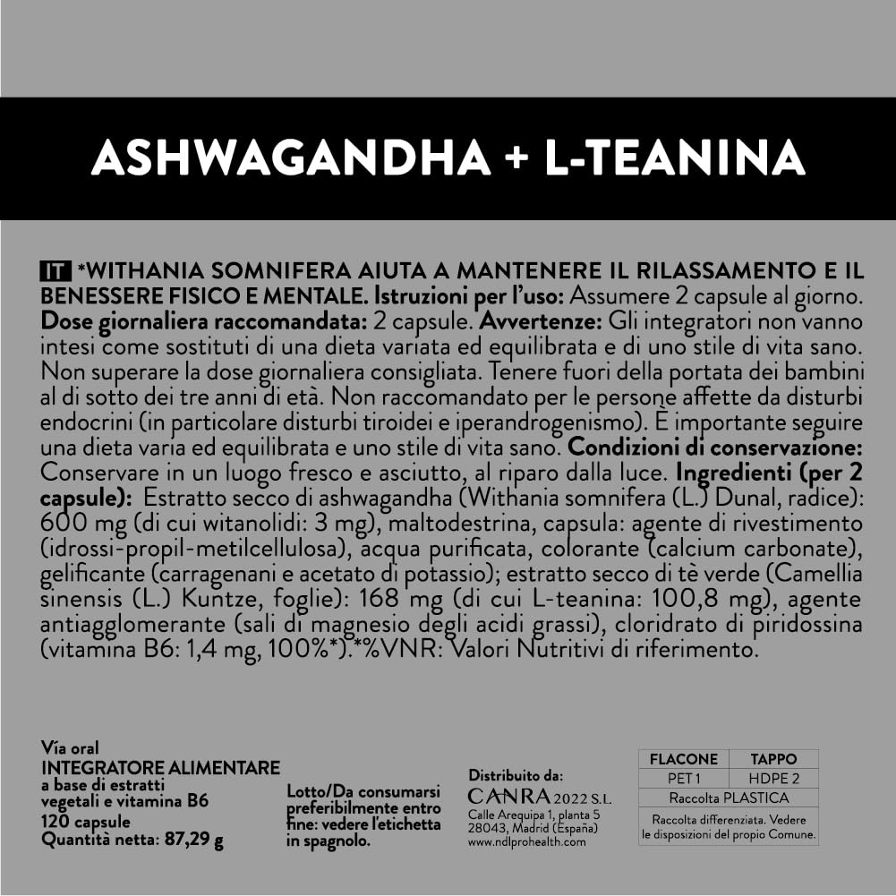 NDL Pro-Health Ashwagandha KSM-66® +L-teanina con vitamina B6| 2 mesi | Supporto per equilibrio mentale e rilassamento | Con vitamina B6 | 120 capsule | Un marchio di Rafa Nadal & Cantabria Labs