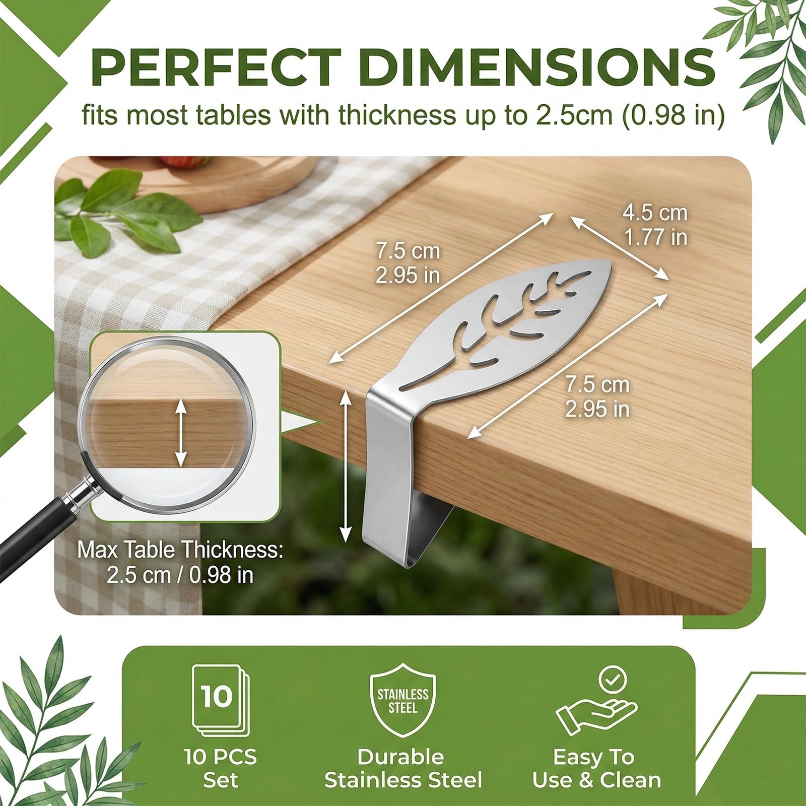 10 Pezzi Tovaglia Clip in Acciaio Inox,Clip per Tovaglia,Tavoli da Giardino,Design a Foglia,Fermatovaglia da Tavola per Picnic,Feste,Barbecue, Matrimoni