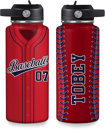 Vista 32 de Hyturtle Botella de agua de béisbol personalizada, botella de acero inoxidable aislada de viaje con tapa a prueba de fugas, 18 onzas, 32 onzas
