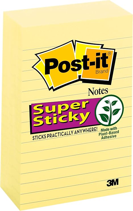 Post-it Super Sticky Note Pads, 4x6 Inches, Lined, Pack of 5