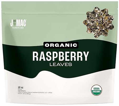 J Mac Botanicals, Hoja de frambuesa roja orgánica, té de hierbas (bolsa de 16 onzas, más de 200 tazas) hoja seca cortada y tamizada