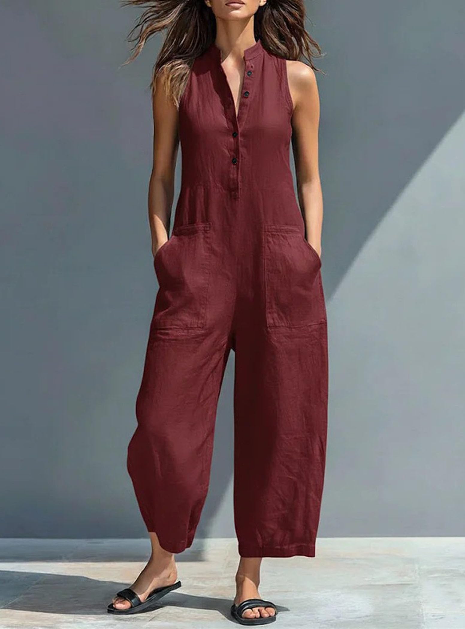 Damen-Jumpsuit aus Leinenmischgewebe mit Stehkragen, Knopfleiste, ärmellos, locker geschnitten, weites Bein und Taschen