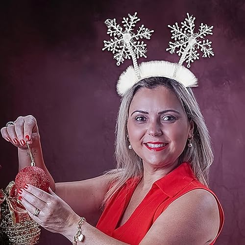Miniatura 4 de Doneace Diadema de Navidad con copos de nieve para niñas y mujeres, banda para el pelo con purpurina para el pelo, plumas blancas de invierno,