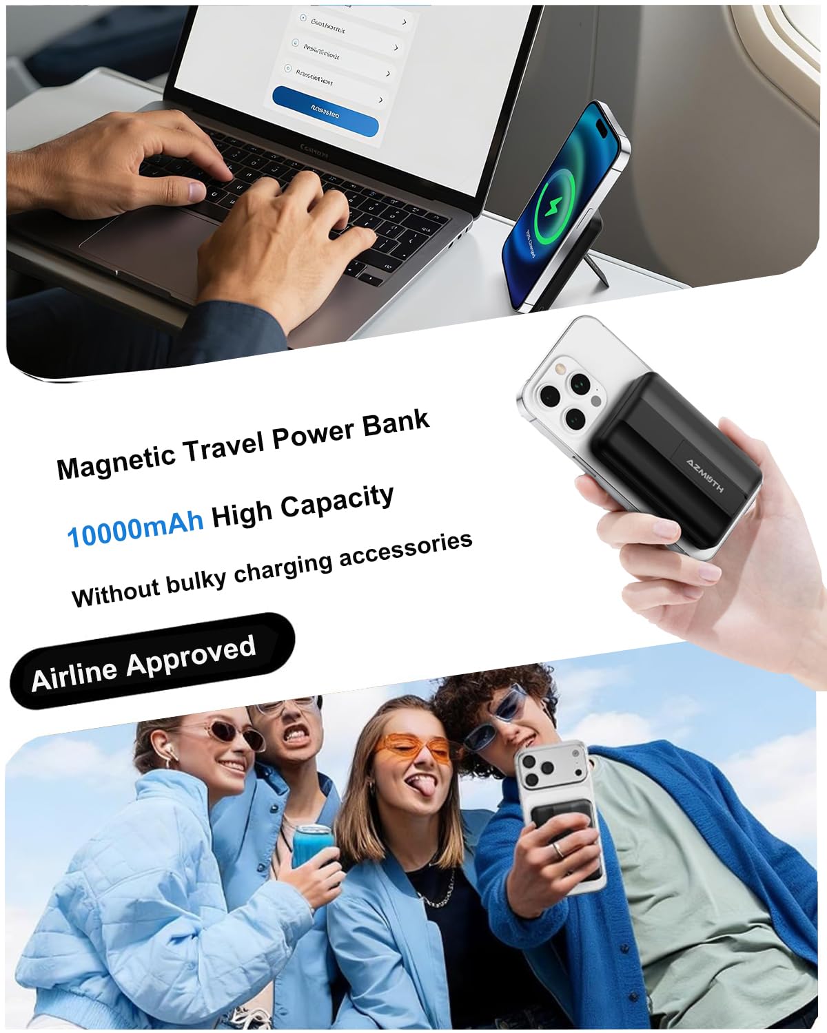 Azmuth Powerbank per Magsafe, 10000mAh Power Bank Batteria Esterna Magnetica, Caricatore Portatile Ricarica Rapida con Display LED, Wireless Powebank per iPhone 17/16/15/14/13/12 Serie, Nero