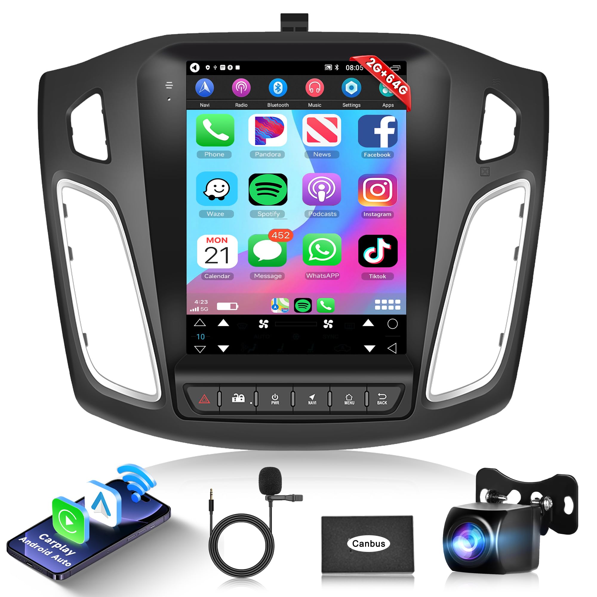 2G+64G Android 13 Car Stereo Radio for Ford Focus 2012-2018, Rimoody Wireless Carplay Android Auto 9.7 Inch Touch Screen GPS Navigation Bluetooth FM HiFi WiFi Mirror Link Backup Camera