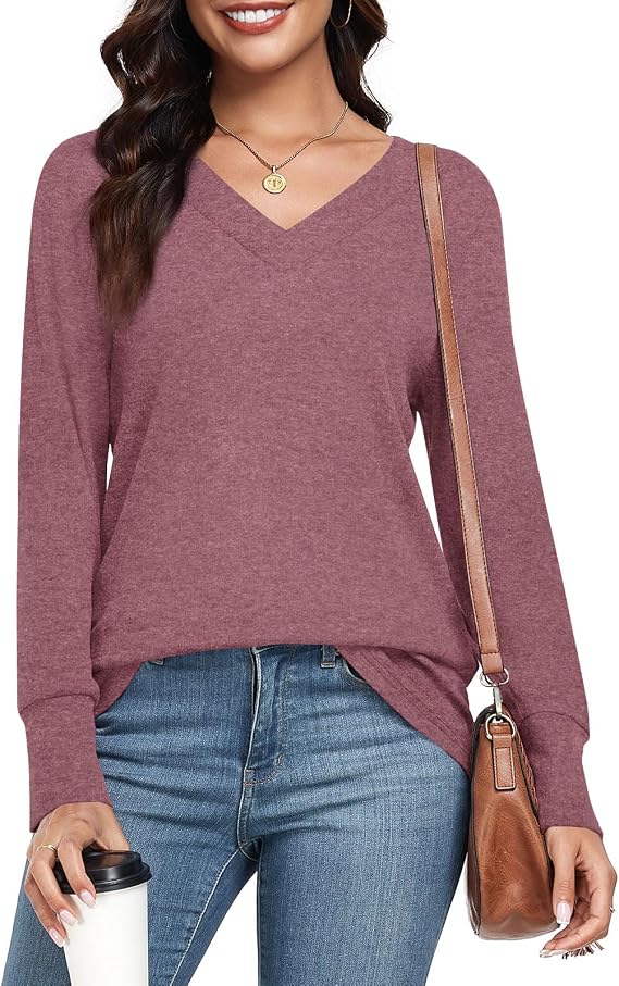 CATHY Women's Basic Pullover V Neck Long Sleeve Tunic Tops Casual Loose Fitting Tshirts for Leggings