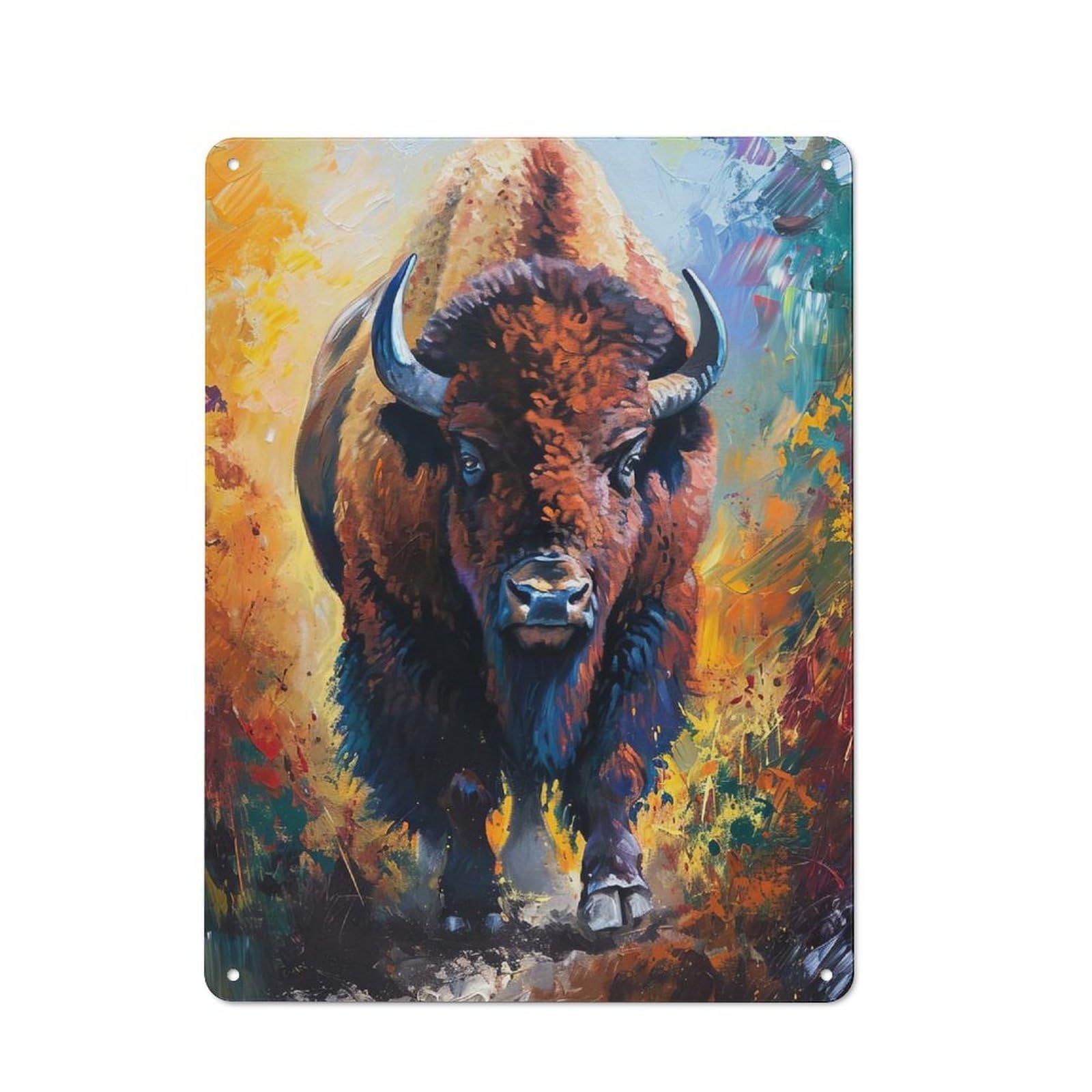 Junmoney Majestic Bison Painting Retro Metal Wall Sign 40X30cm Featuring For Hallway Wall, For Garage, Workshop And Man Cave Decoration