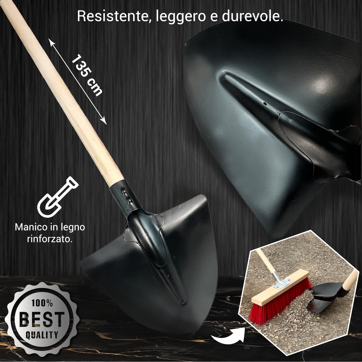 Crisalide® Set d'outils Pelle et Picone – Pelle en acier renforcé 40 x 29 cm avec poignée hêtre 135 cm + pic 47 cm en acier trempé – outils de creusement résistants pour sols durs et rocheux.
