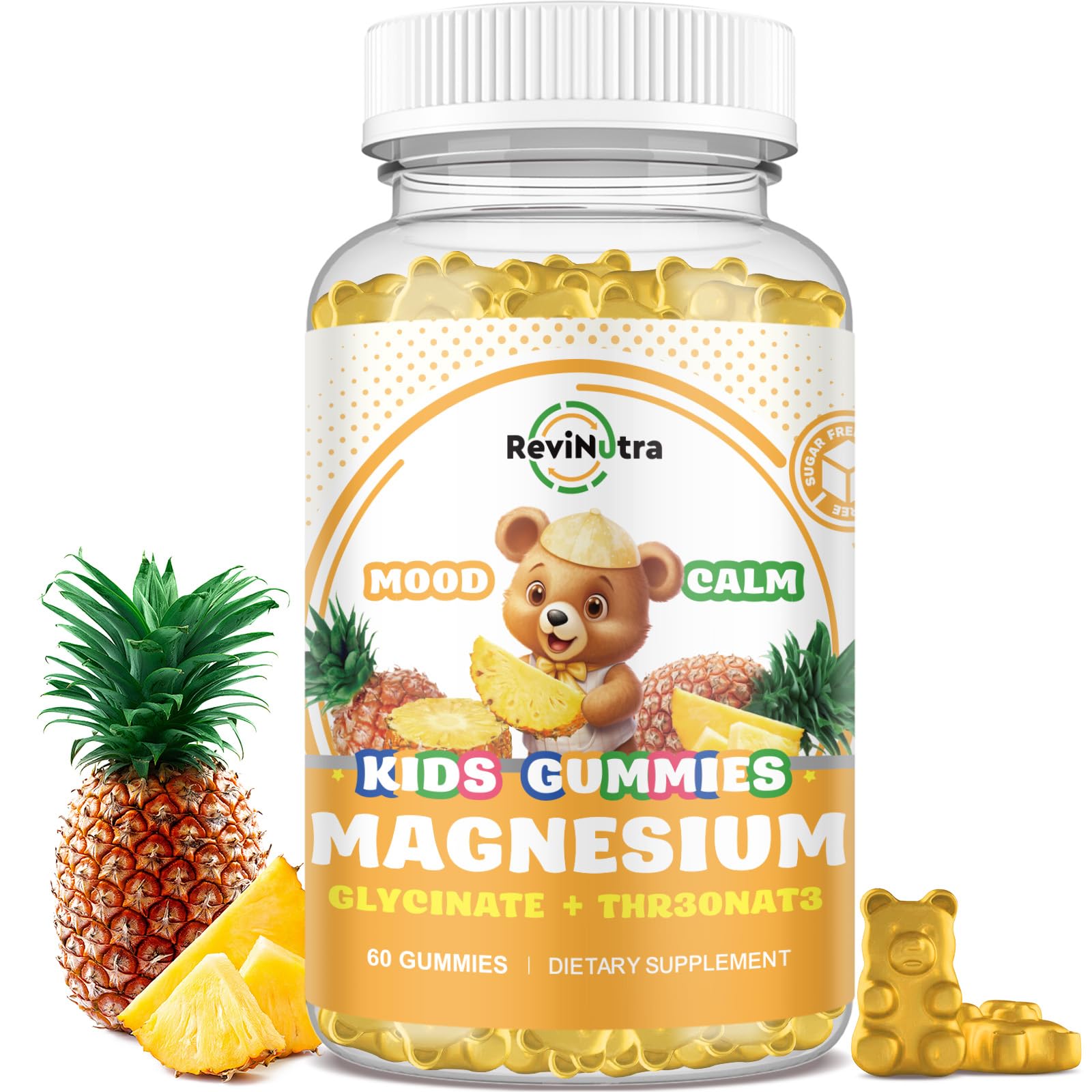 Magnesium Complex Gummies- Calm Chewable Gummies for Kids & Adults- Magnesium Glycinate Supplement-w/Omega-3, Vitamin B6, D3- Support Calm Stress Relief, Bones, Mood, Pineapple Flavor Pineapple 60 Count (Pack of 1)