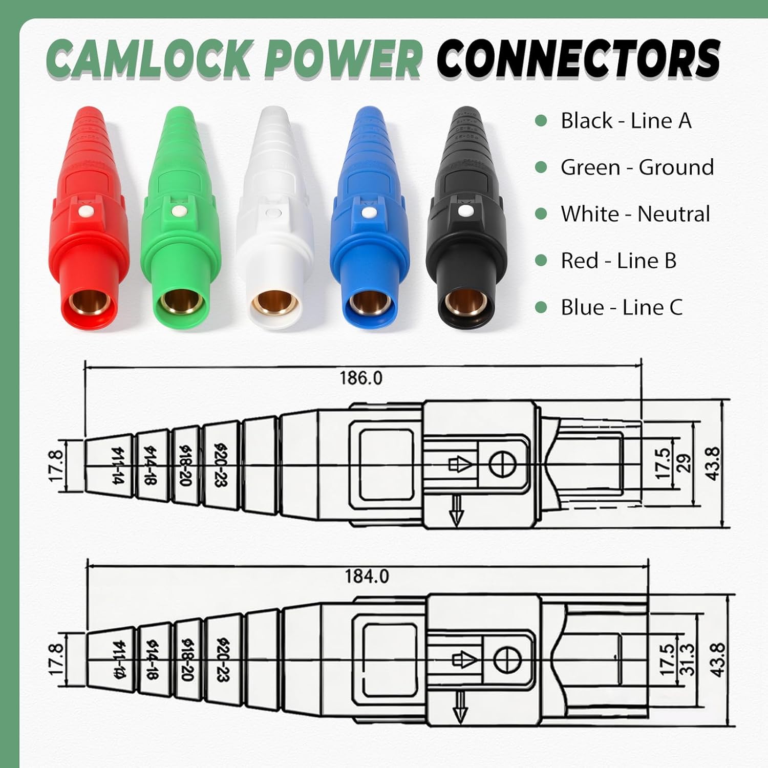 (5 Pcs Female) CLS40 400A Camlock Connector Set, Cam Lock Fittings for Power Distro Cord, 2/0-4/0 AWG Cables, 600V Camlock Power Sockets with 5 Colors