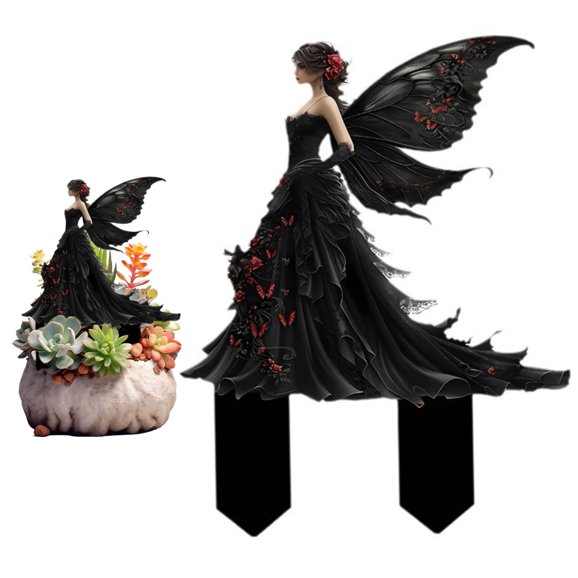 Vervevum Angel Statue for Garden, Whimsical Acrylic 2D Garden Stake Angel Statue, Easy Install Black Butterfly Landscape Staple for Yard Lawn Decor, Stakes