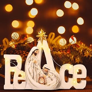 Soaoo Christmas Nativity Scene with LED String Lights Nativity Figure Set Holy Family Manger Christmas Decoration Light up Decor for Indoor Tabletop Mantle Fireplace(Peace)