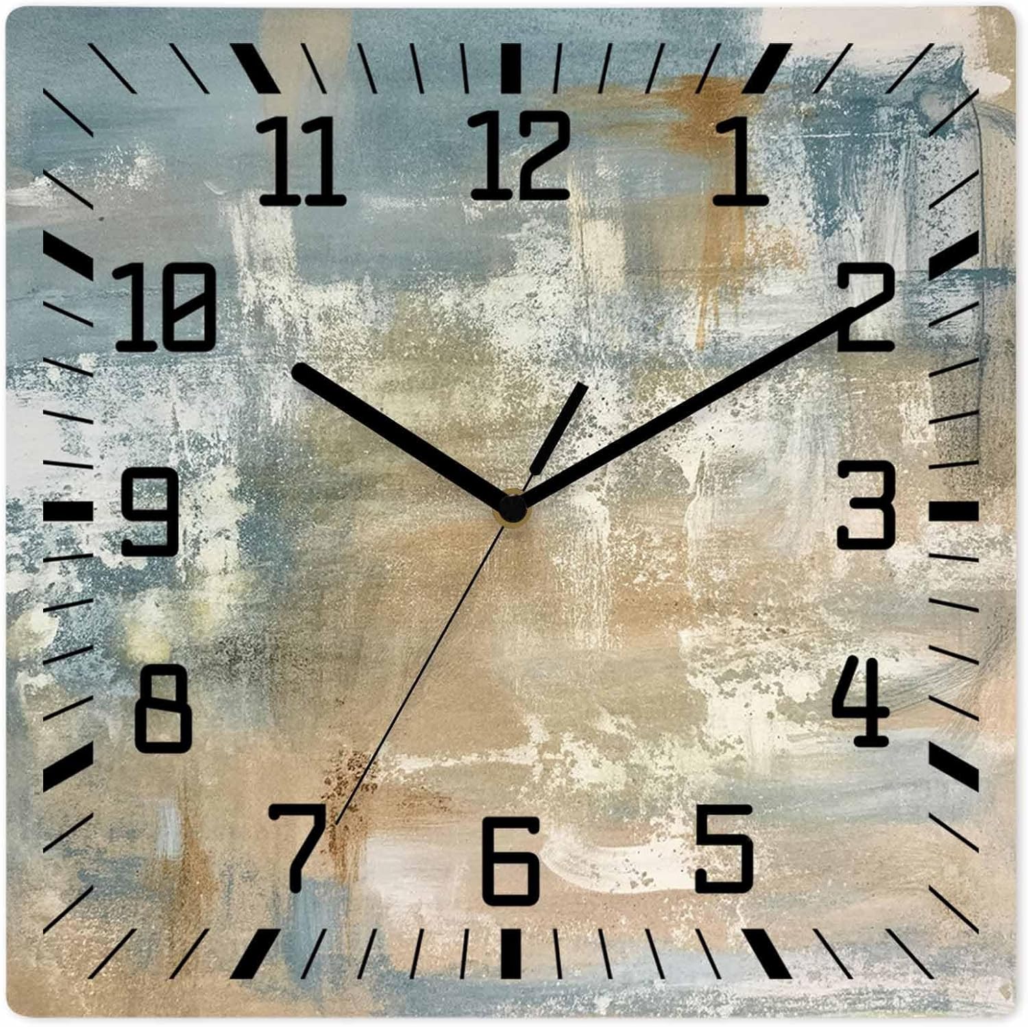 Blue Brown Wooden Wall Clock Silent Non Ticking, Vintage Modern Oil Painting Art Abstract Square Wall Clocks Battery Operated, Decor Clock for Home Office, Living Room, Kitchen, 12 Inch