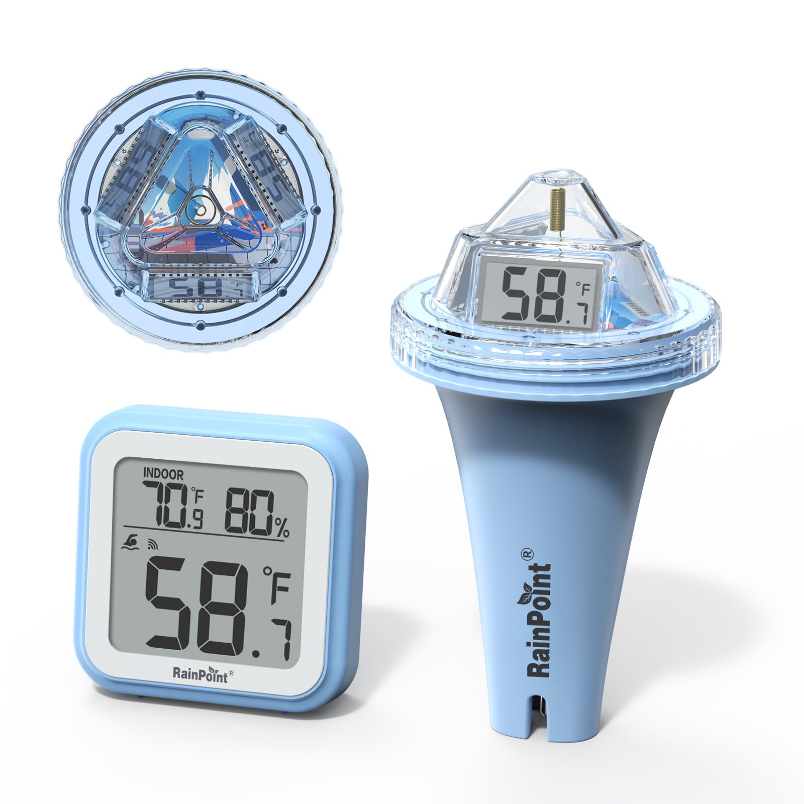 RAINPOINT Anti-Fog 360° Reading 3 Large Letters Displays Wireless Digital Pool Thermometer Floating,Dual-Layer IP68 Waterproofing Remote Temperature Monitor Easy Read Hot Tub SPA Inflatable Pool-Blue