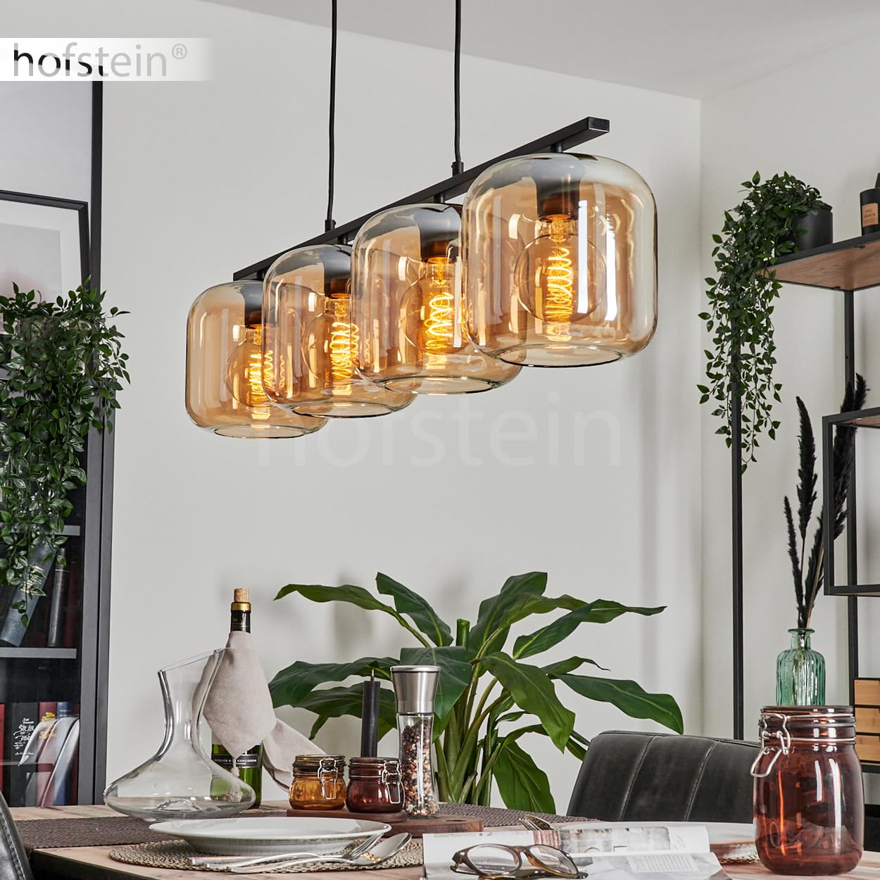 Pendelleuchte Lauden, Hängeleuchte aus Metall/Glas in Schwarz/Bernsteinfarben, Leuchte im Vintage/Retro Design, Schirme aus Glas (Ø 20 cm), 4-flammig, Höhe max. 111,5 cm, 4 x E27, ohne Leuchtmittel