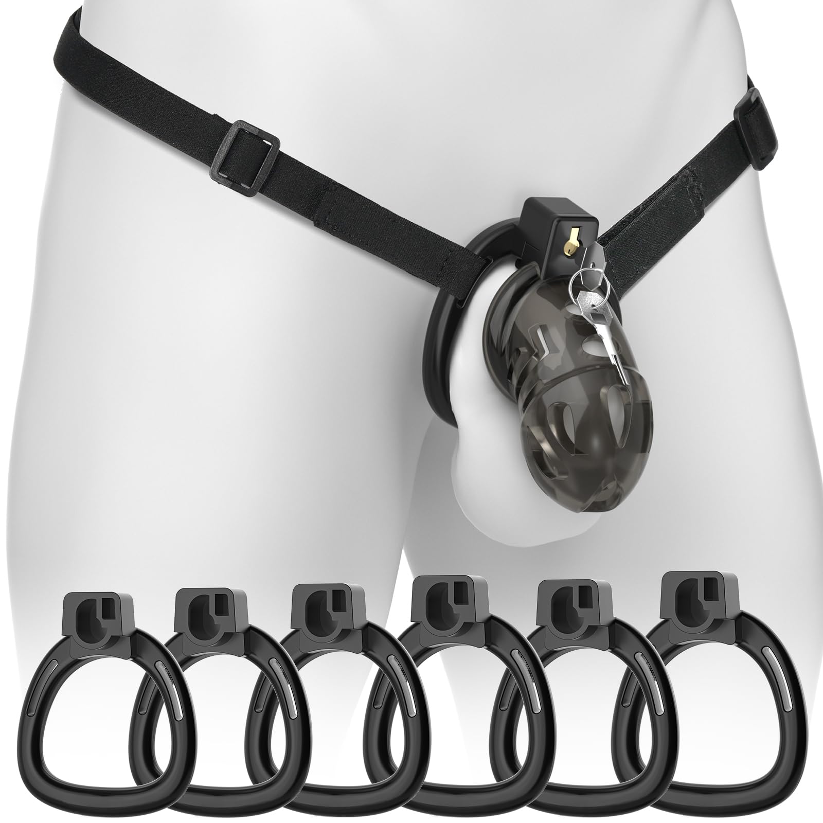 Vikkiy Male Chastity Cage, Soft Silicone Chastity Device with 6 Rings L Black