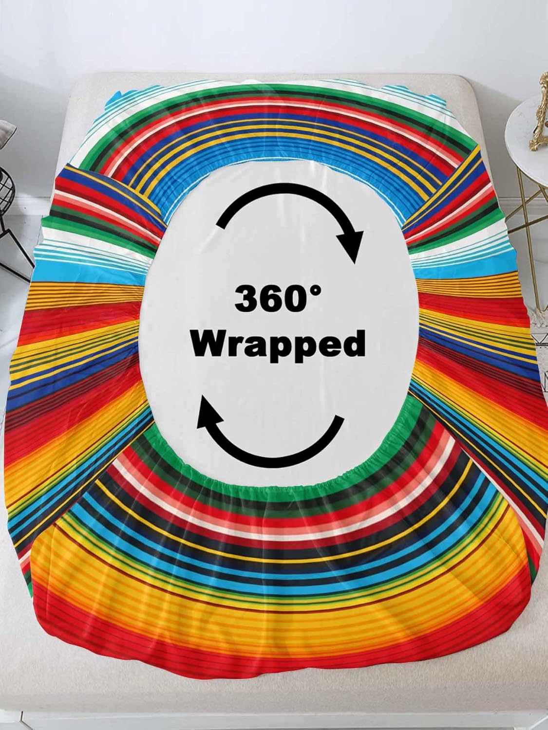Queen Bed Fitted Sheets Mexican Colorful Stripe Bed Set with 16" Deep Pocket,Soft Microfiber Bedding Bottom Sheet with 2 Decorative Pillowcases
